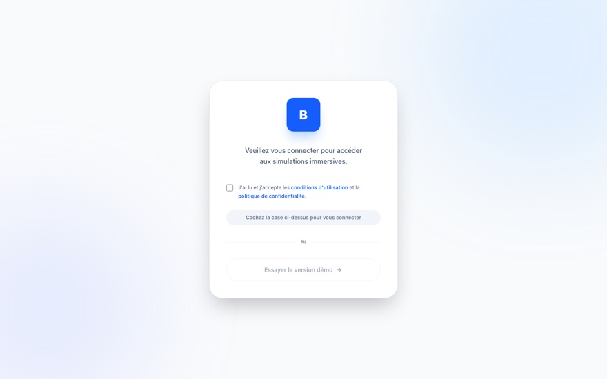 L'entrée réelle du jeu QSE : connexion, conditions d'utilisation, et un accès « Essayer la version démo ».