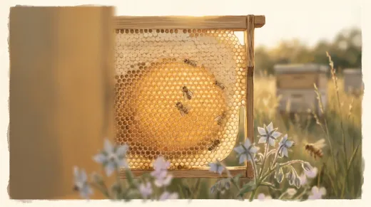 La couche ciel, seule : la prairie floue au soir, deux ruches pâles, les herbes à contre-jour.