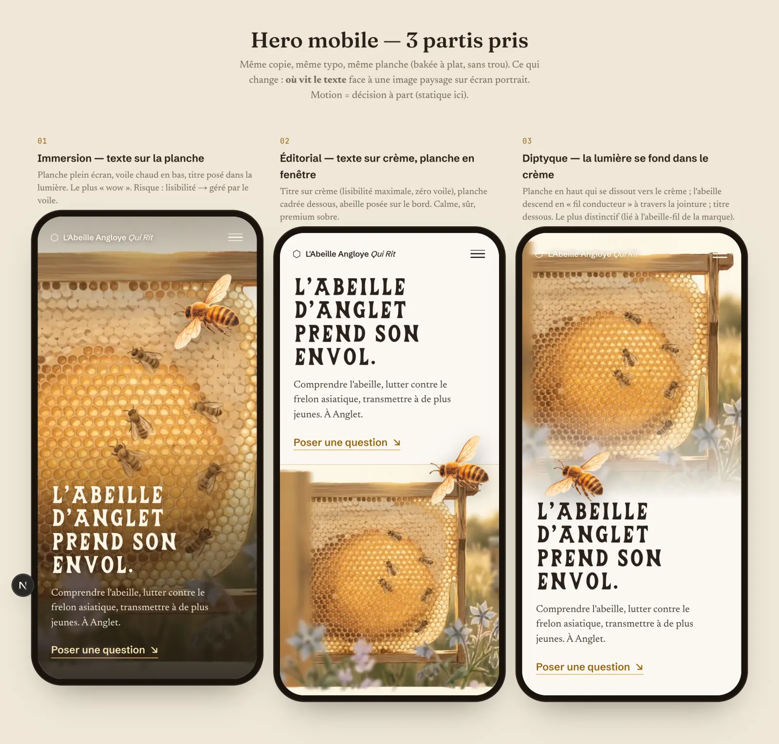 Les trois partis pris du hero mobile, côte à côte dans des cadres de téléphone : Immersion, le texte sur la planche ; Éditorial, le texte sur crème et la planche en fenêtre ; Diptyque, la lumière qui se fond dans le crème. Même copie, même typo Arverna.