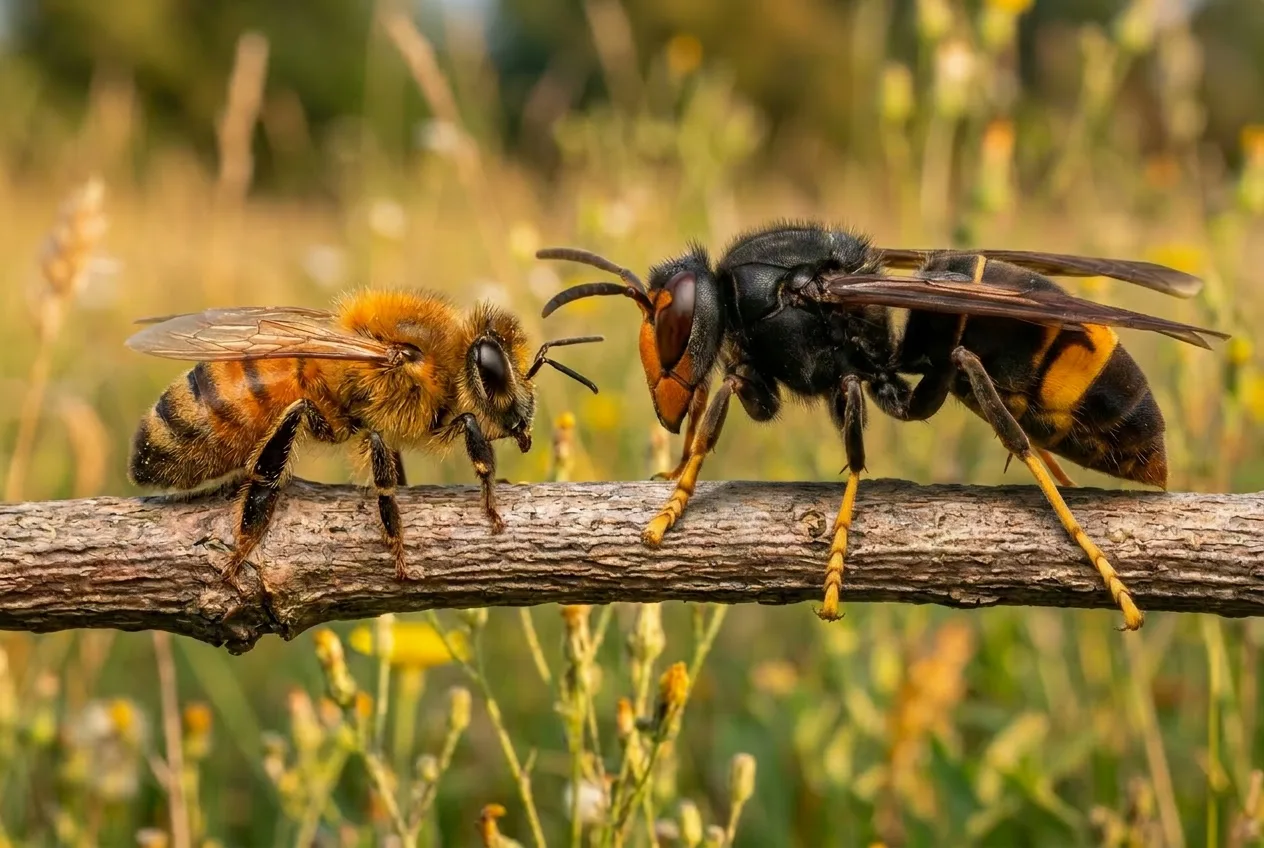 Comparaison sur une branche : à gauche une abeille domestique, trapue et duveteuse aux rayures ambre ; à droite un frelon asiatique, nettement plus grand, au thorax noir et à l'abdomen sombre cerclé d'orange, aux pattes à bouts jaunes. Image générée.