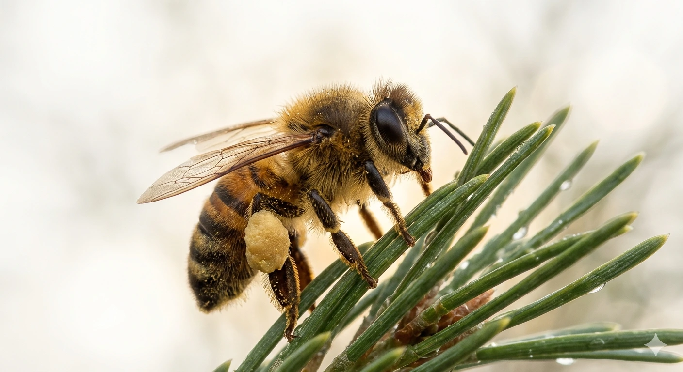 Gros plan sur une abeille posée sur des aiguilles de pin perlées de gouttes, en lumière chaude ; le thorax duveteux, une pelote de pollen à la patte arrière, le fond crème flou.