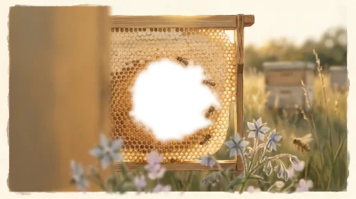 La scène, seule : le cadre de ruche peint, dont les alvéoles lumineuses ont été évidées ; un damier montre la transparence.