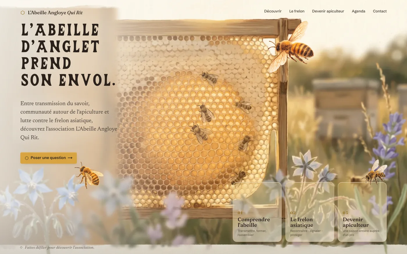 Le hero du site sur un écran large : à gauche, le titre L'abeille d'Anglet prend son envol en capitales Arverna sur le voile crème, son paragraphe et le jeton de cire Poser une question ; au centre et à droite, la scène peinte, le cadre de ruche à contre-jour et ses alvéoles lumineuses, des abeilles en vol, une ruche pâle dans la prairie floue, des fleurs de bourrache et de lavande en bokeh ; les trois fiches de verre en bas à droite.