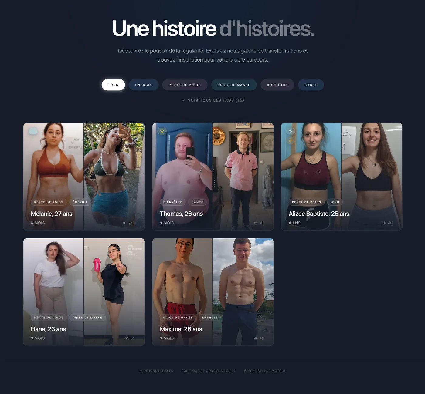 La galerie resultats.stepupfactory.fr sur fond ardoise : le titre Une histoire d'histoires, une phrase sur le pouvoir de la régularité, six filtres (tous, énergie, perte de poids, prise de masse, bien-être, santé) et un lien vers les quinze étiquettes, puis cinq cartes avant et après de membres du club, chacune avec un prénom, un âge, une durée en mois et des étiquettes d'objectif.