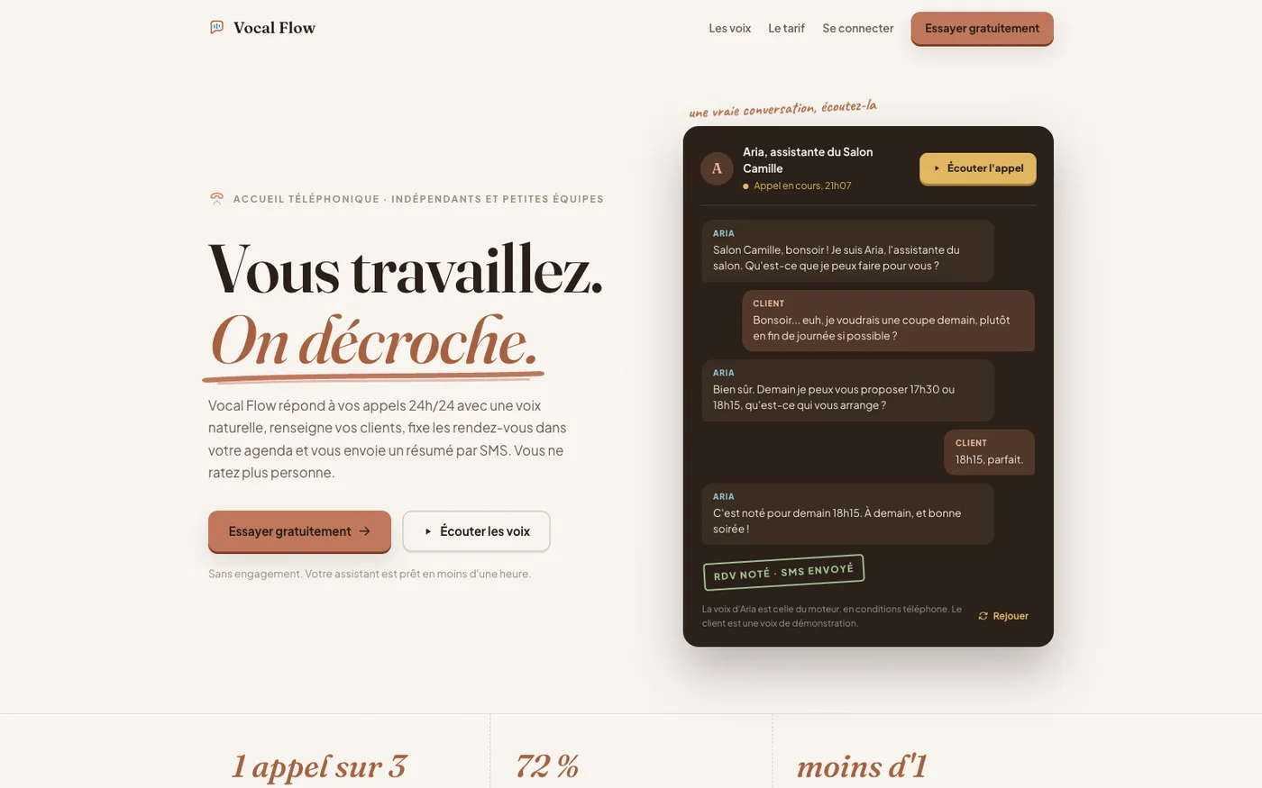 La vitrine de Vocal Flow sur ordinateur : le titre Vous travaillez. On décroche., les boutons Essayer gratuitement et Écouter les voix, et à droite la carte de l'appel du soir, Aria, assistante du Salon Camille, avec ses bulles et le bouton Écouter l'appel.