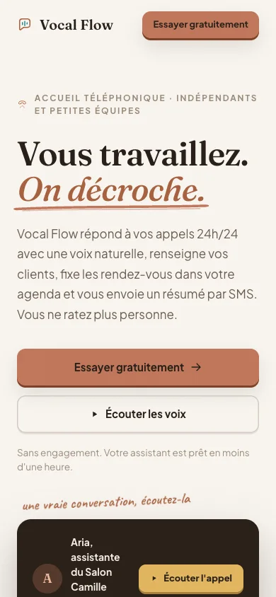 La vitrine de Vocal Flow sur téléphone : le logo, le titre Vous travaillez. On décroche. et le bouton Essayer gratuitement.
